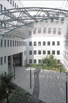 Leverkusen (D), Administration Building, Umbriano Grey granite-white textured.
