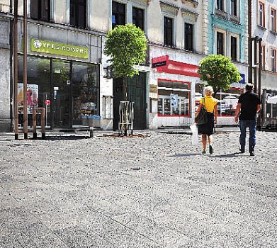 Chorzów (PL), Fußgängerzone Jagiellońska, Umbriano Granitgrauweiß und Grauanthrazit gemasert.